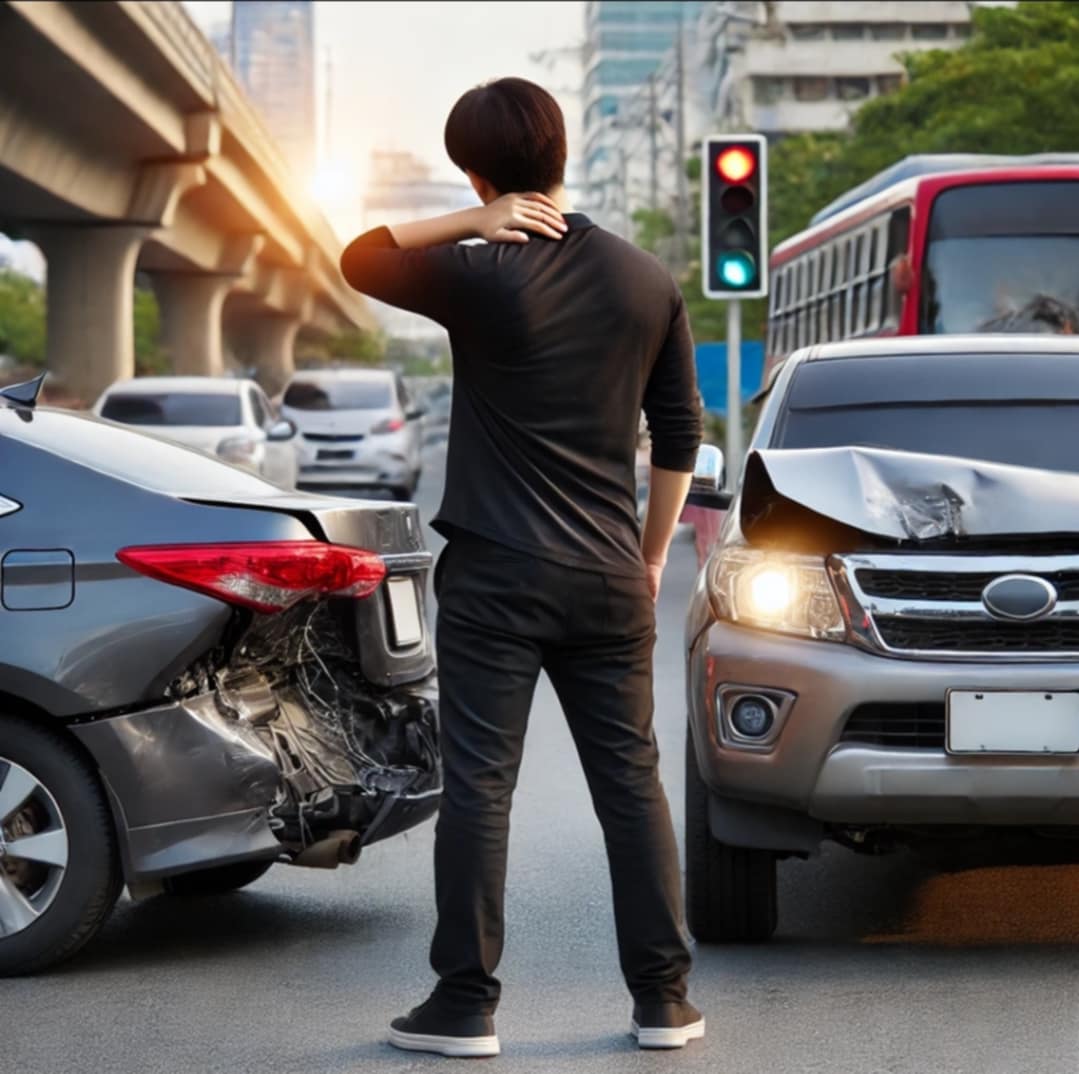 A man standing looking at two cars during accident