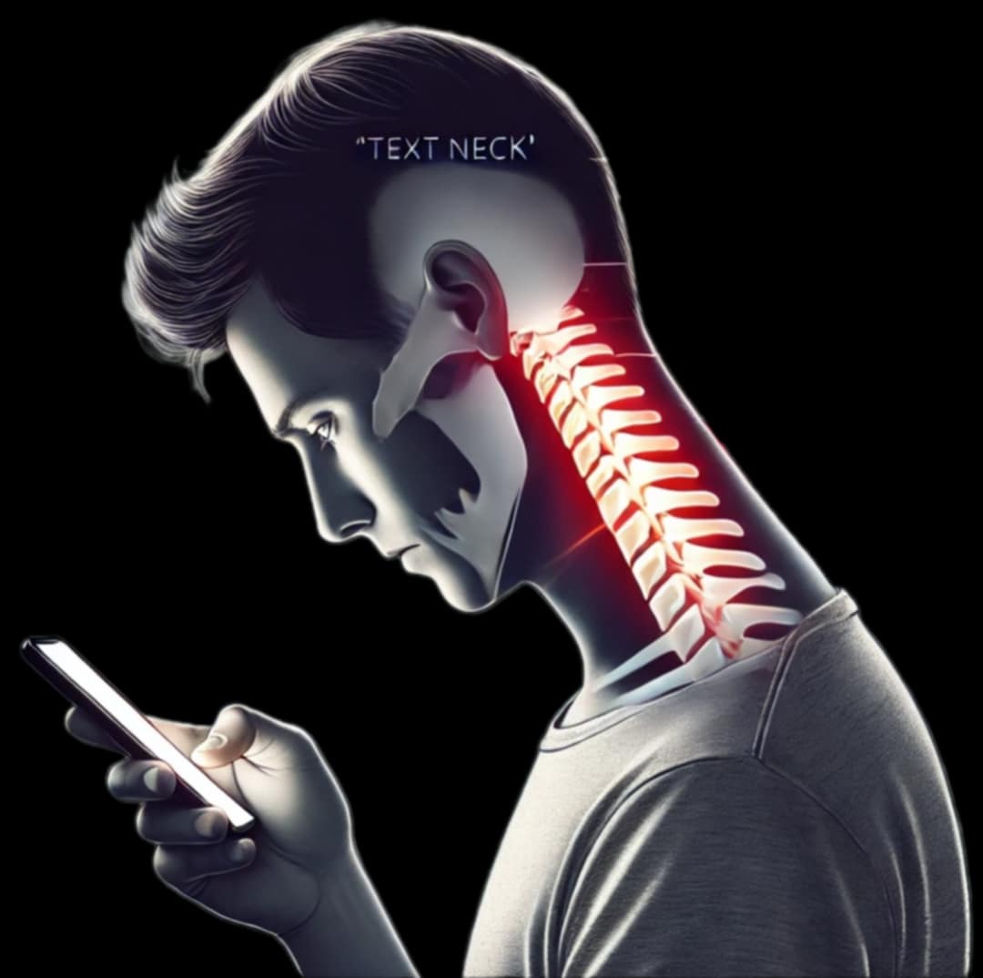 A graphic showing person using phone and highlighted area on neck with pain for text neck